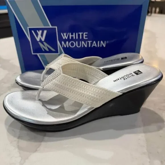 White Mountain Wedge Thong Platform Sandals Women's 8M White Rhinestone Accent - Picture 3 of 9